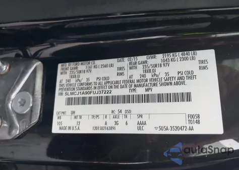 2015 Lincoln Mkc z USA, uszkodzony, nr VIN 5LMCJ1A90FUJ37222